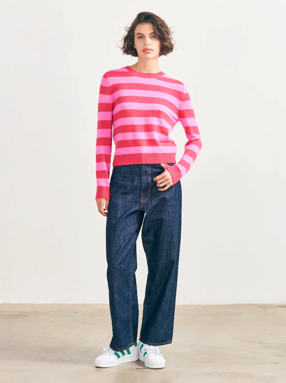 Cashmere Stripe Crew in Watermelon and Peony