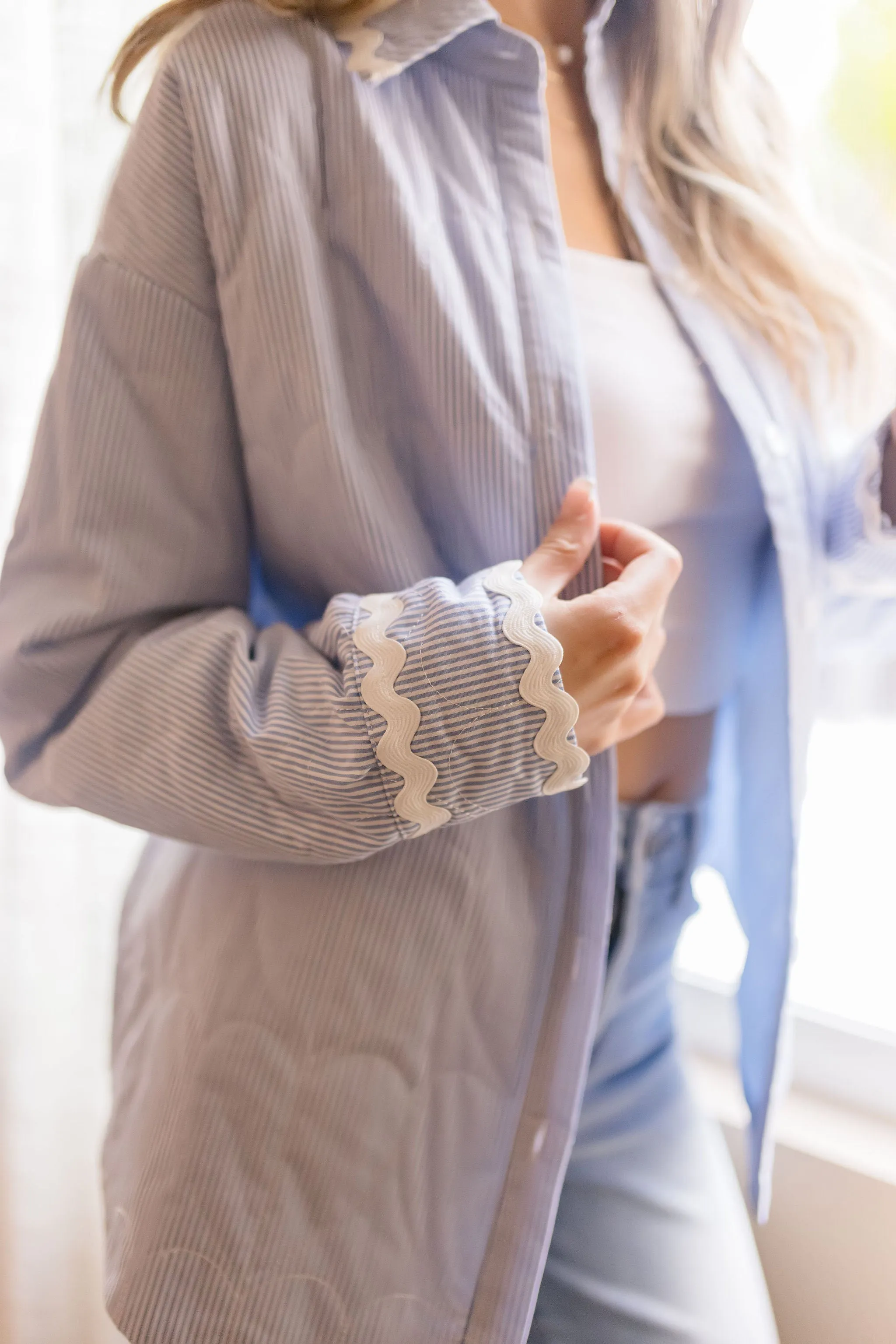 Caylee Long Sleeve Stripe Print Button Down Quilted Shacket Blue