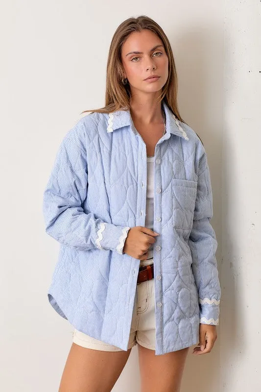 Caylee Long Sleeve Stripe Print Button Down Quilted Shacket Blue