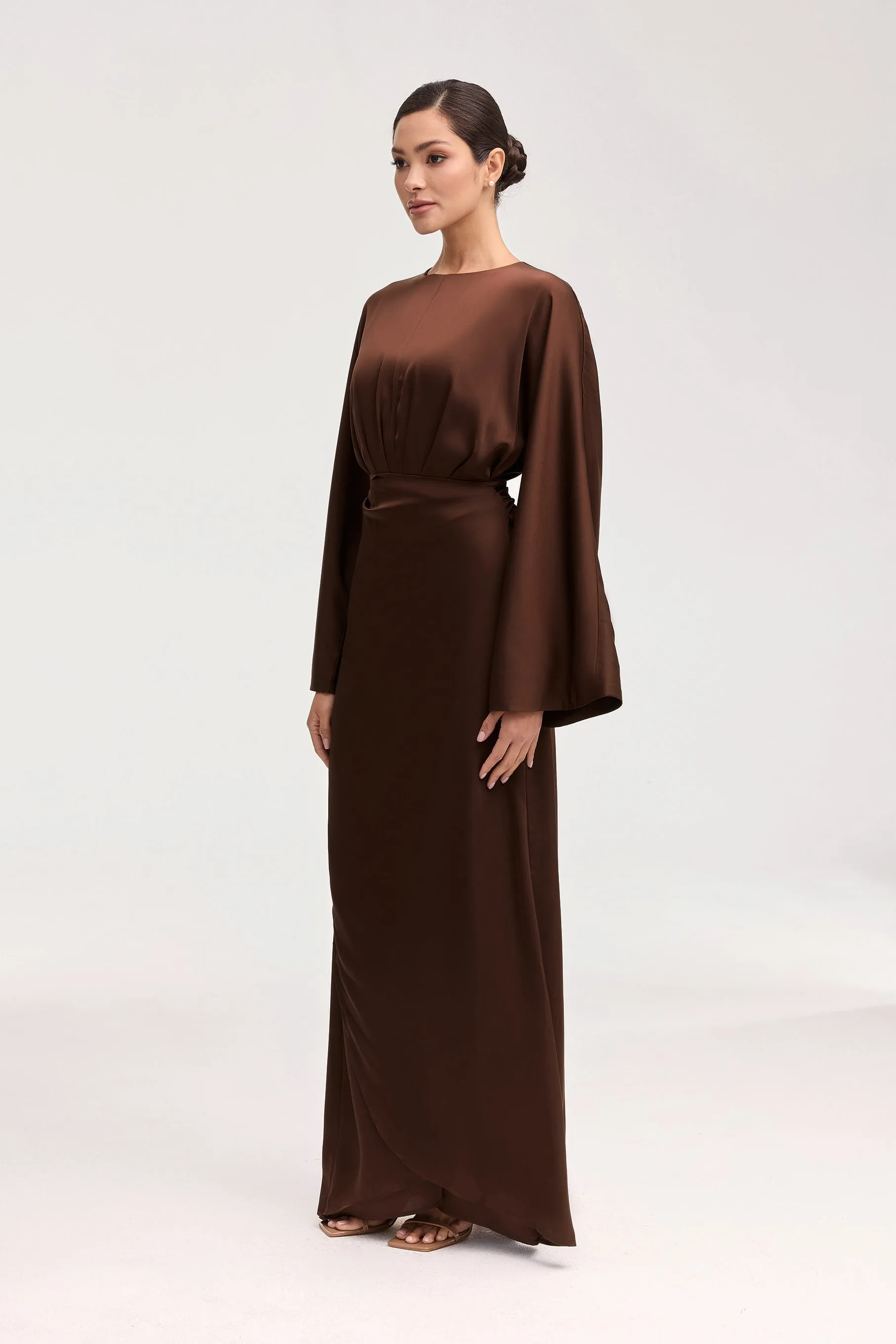 Cedra Satin Wrap Maxi Dress - Chocolate