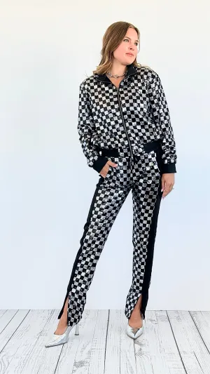 Checkered Sequin Jacket and Pants Set -Silver