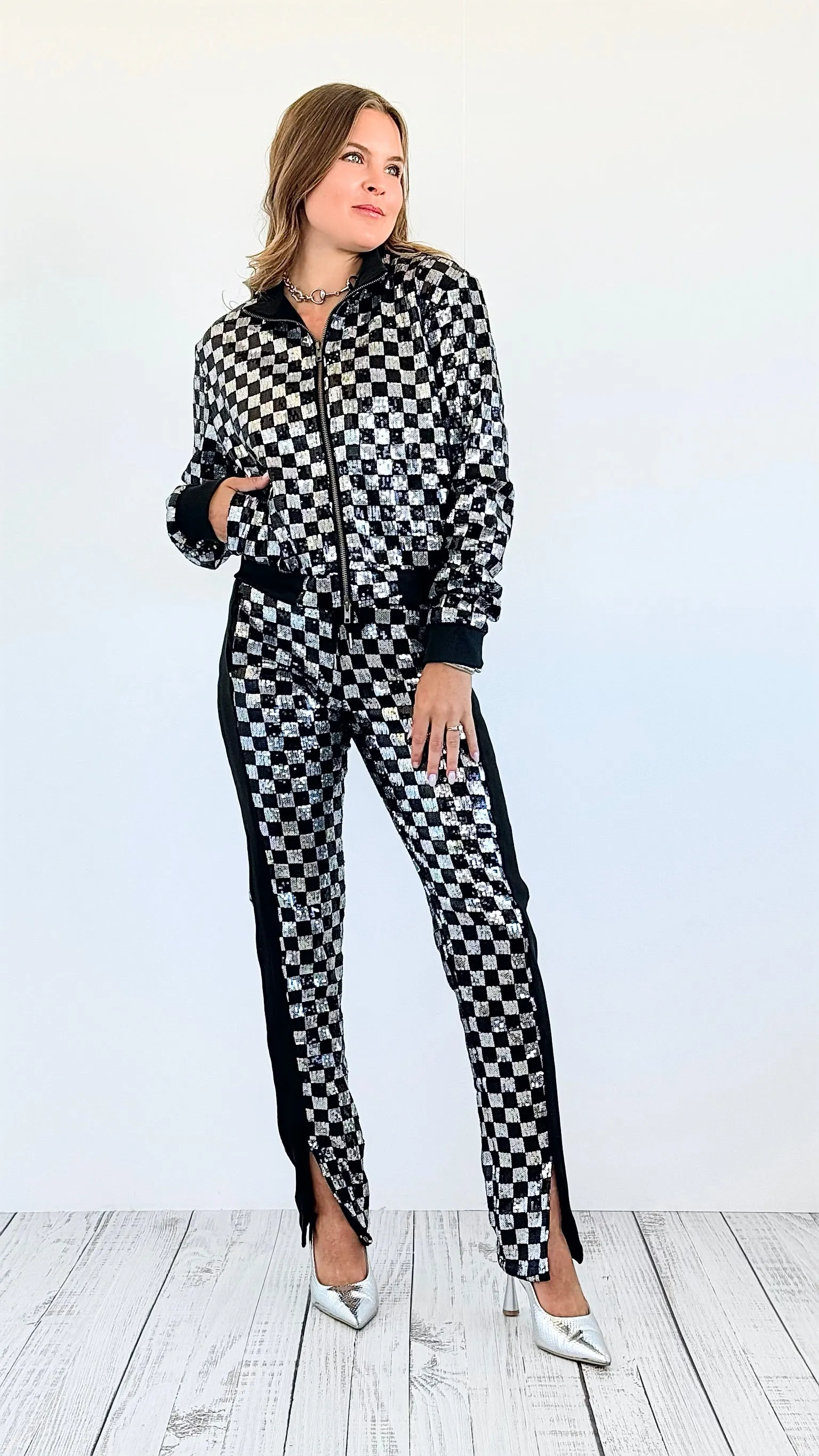 Checkered Sequin Jacket and Pants Set -Silver