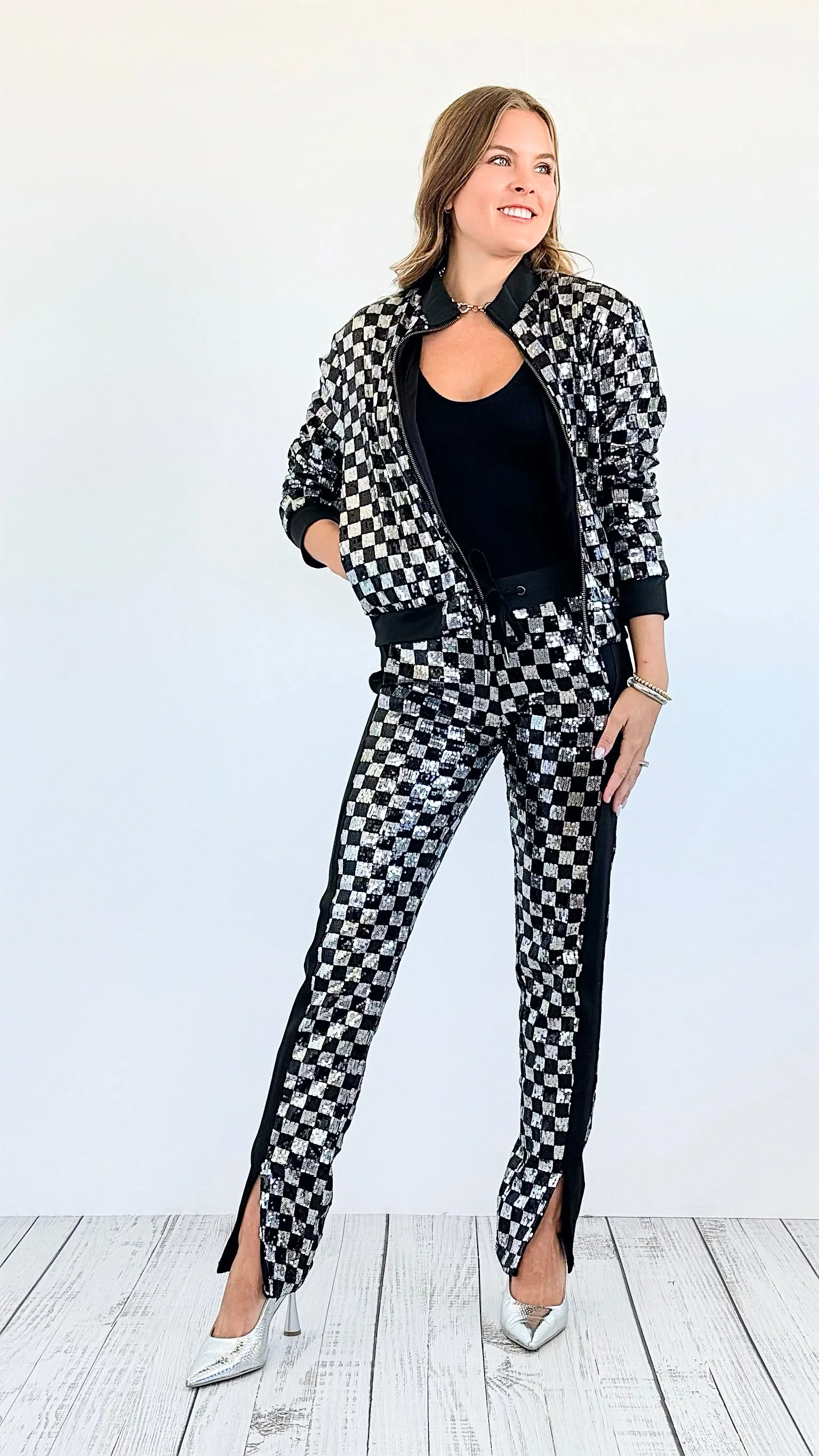 Checkered Sequin Jacket and Pants Set -Silver