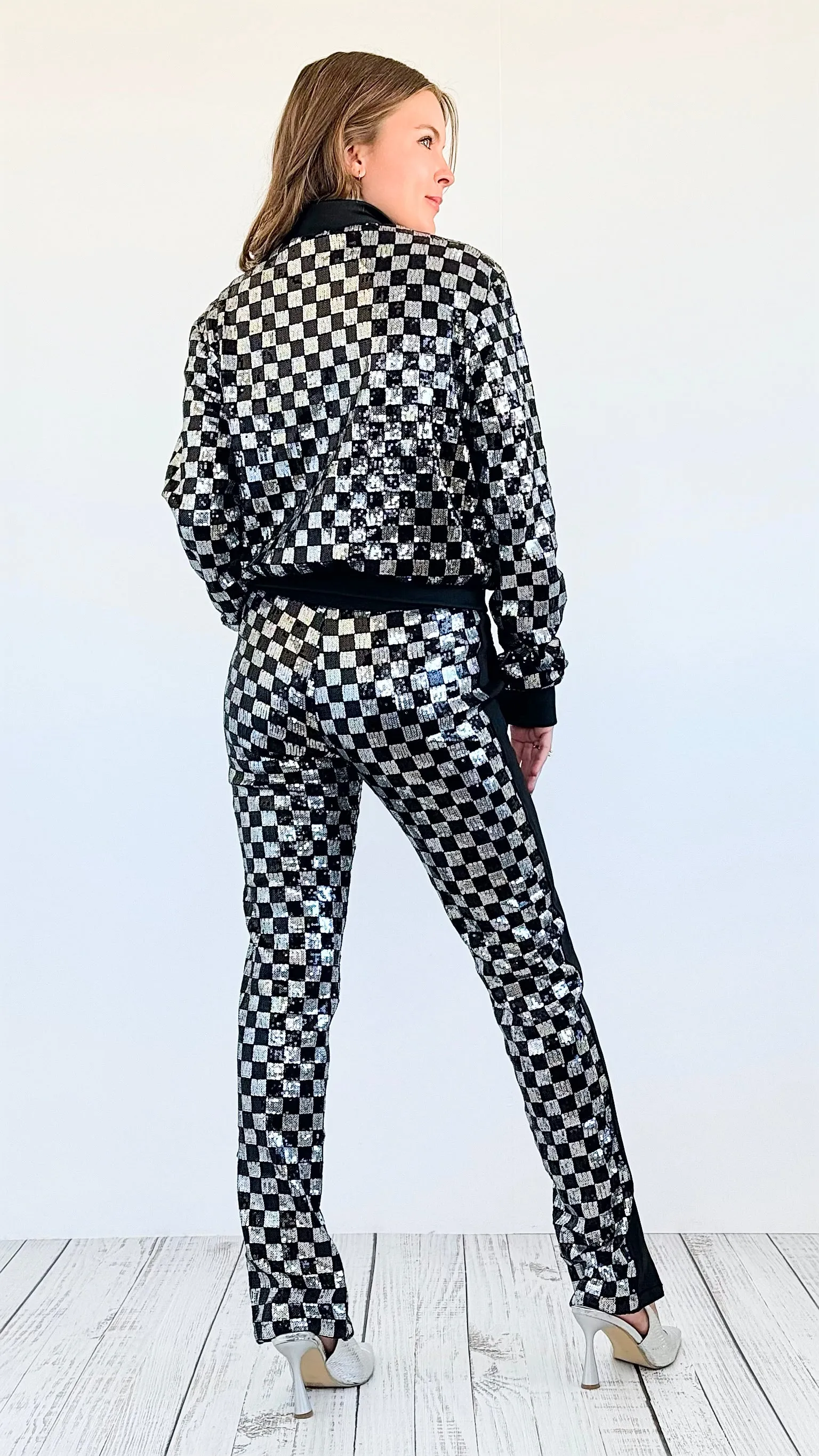 Checkered Sequin Jacket and Pants Set -Silver