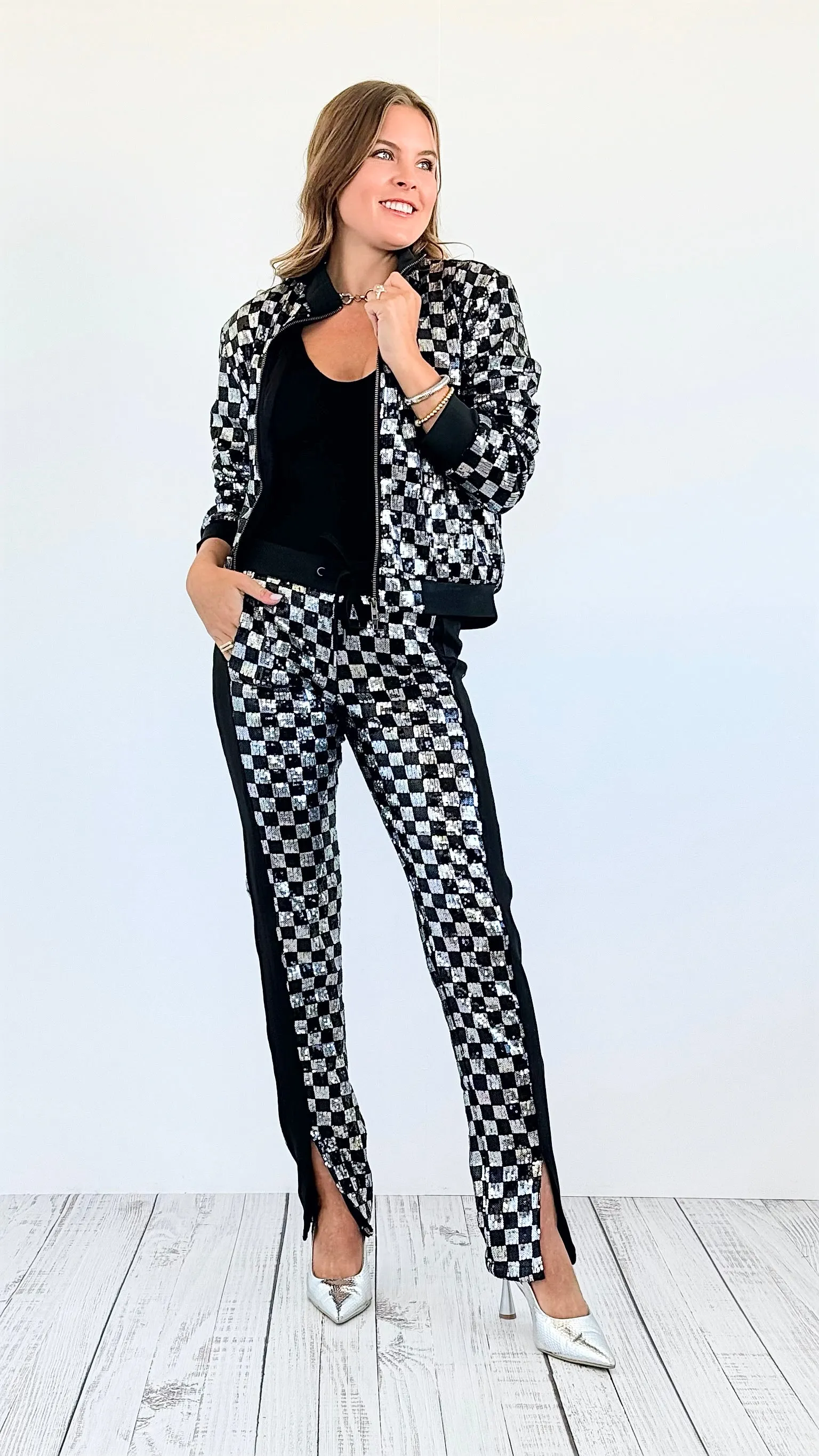 Checkered Sequin Jacket and Pants Set -Silver