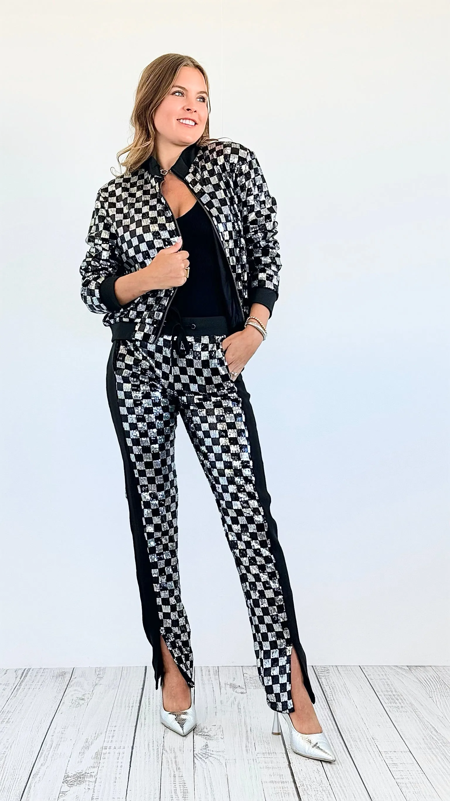 Checkered Sequin Jacket and Pants Set -Silver