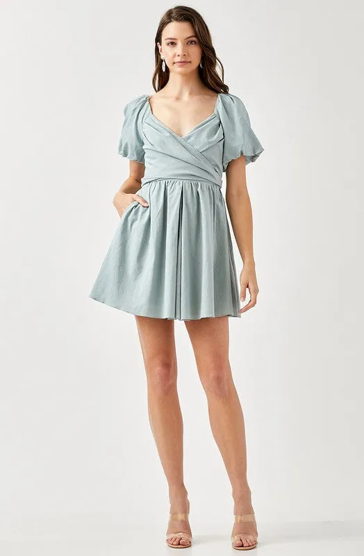 CHRISTINE CROSS WRAP FRONT PUFF SLEEVE DRESS