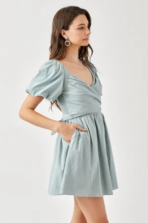 CHRISTINE CROSS WRAP FRONT PUFF SLEEVE DRESS