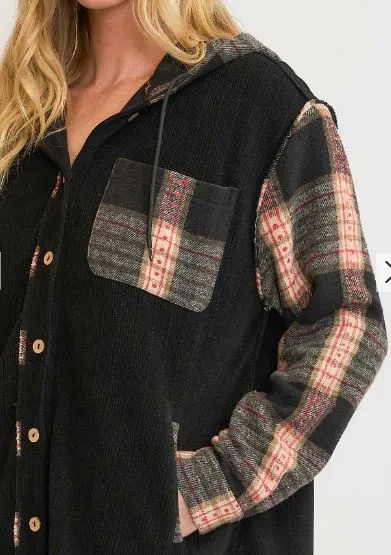 Corduroy Shacket with Plaid Details