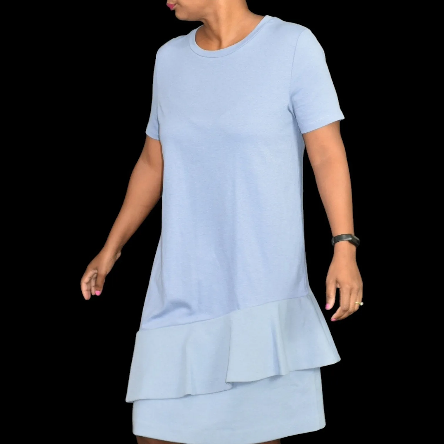 COS Asymmetric Ruffle Dress Blue T-Shirt Knee Length Jersey Crew Neck Casual Short Sleeve Size Medium