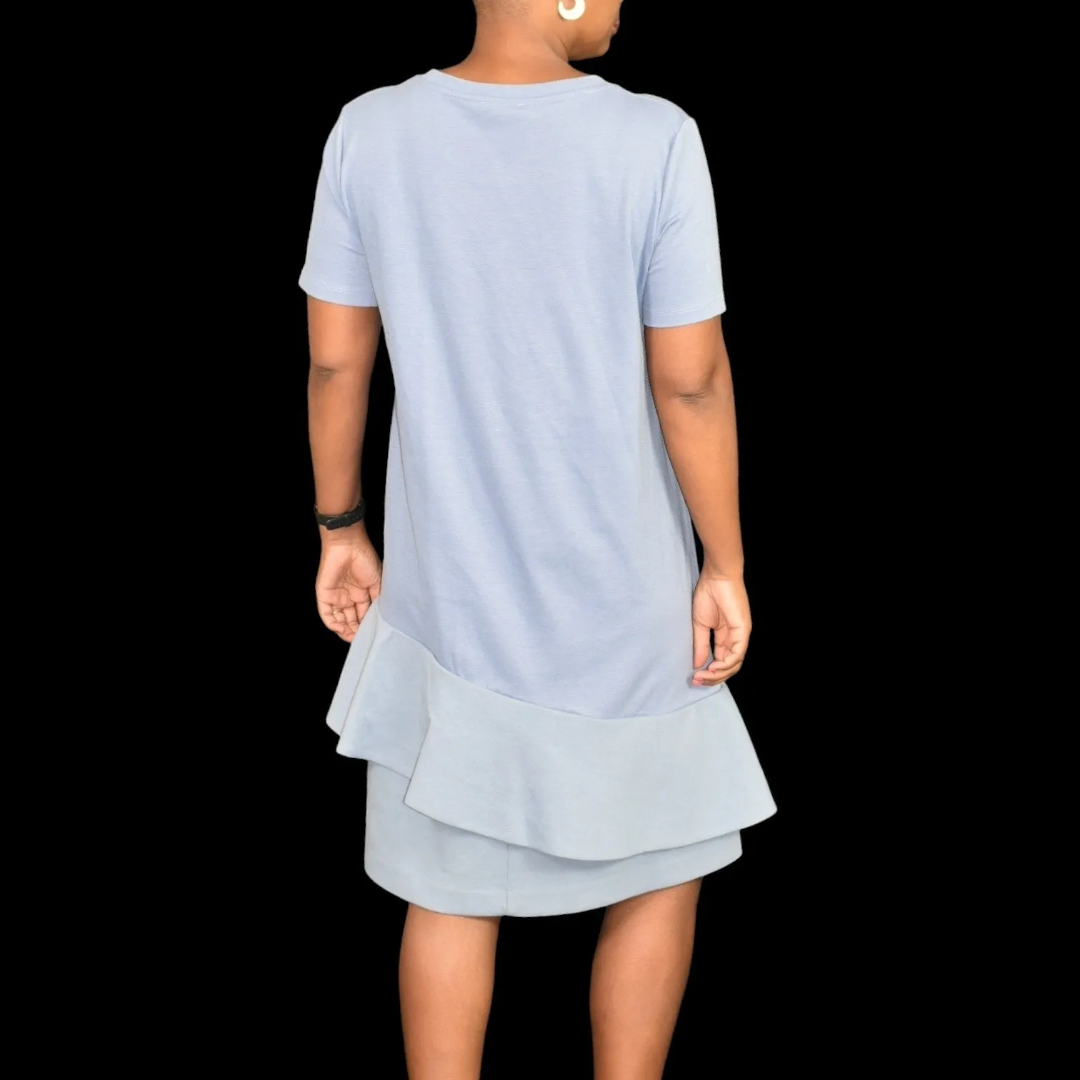 COS Asymmetric Ruffle Dress Blue T-Shirt Knee Length Jersey Crew Neck Casual Short Sleeve Size Medium