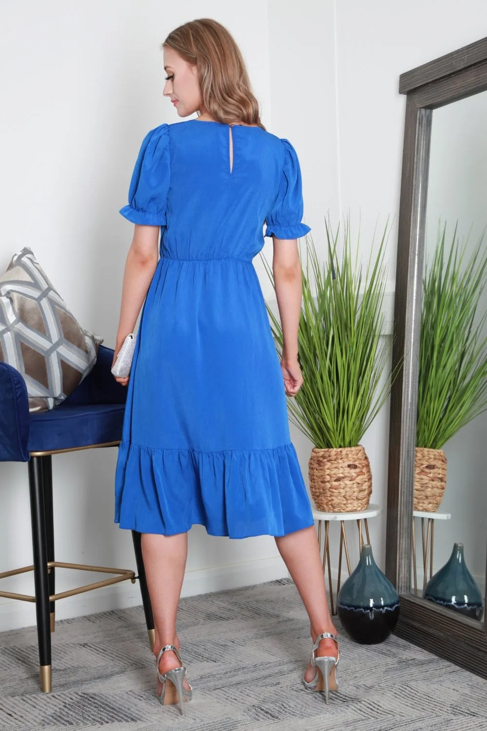 Double Second Blue Puff Sleeve Wrap Front Midi Dress