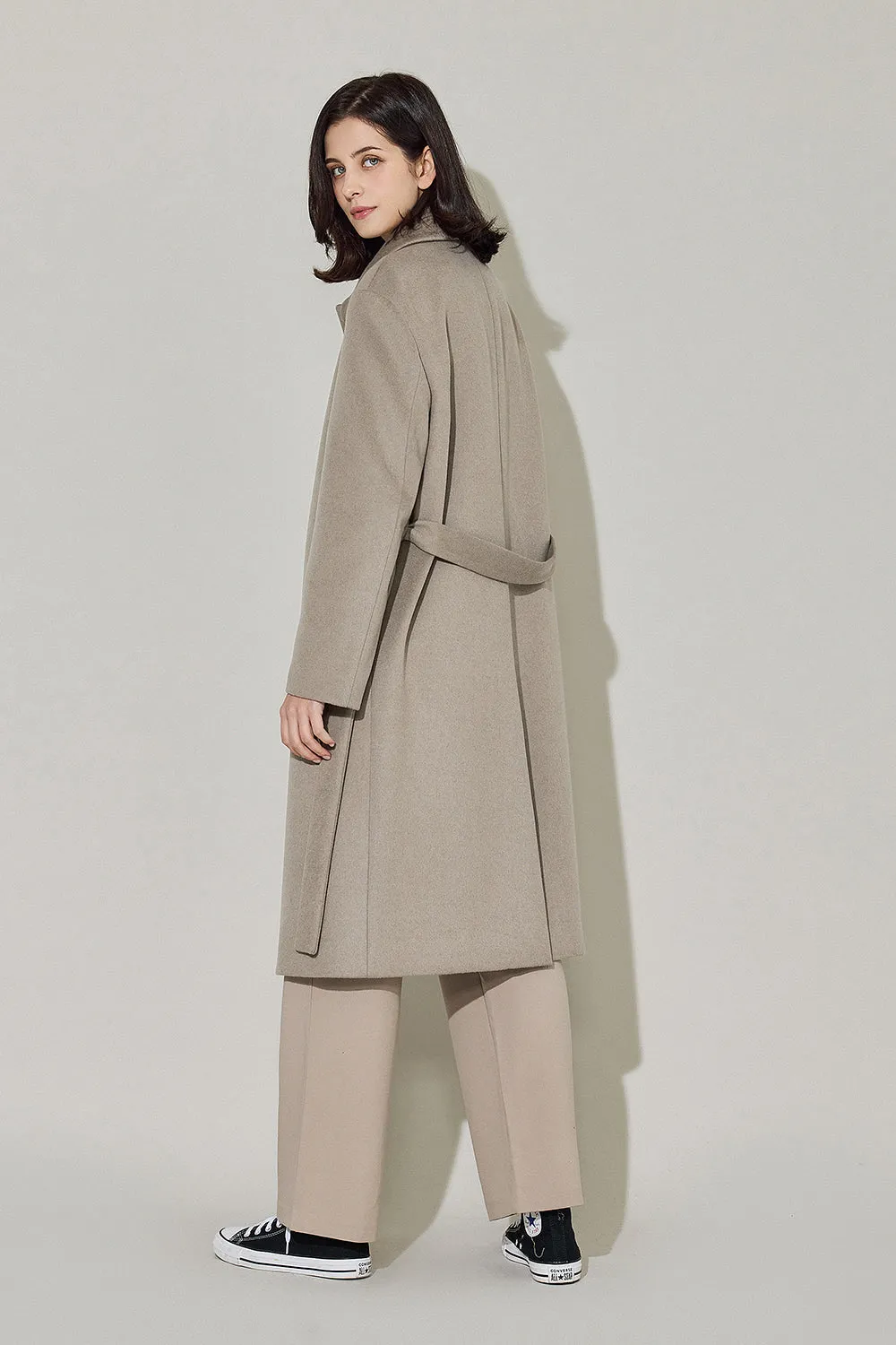 EDUARDO Women Belted Wool-Cashmere Single-Breasted Mac Balmacaan Long Coat.