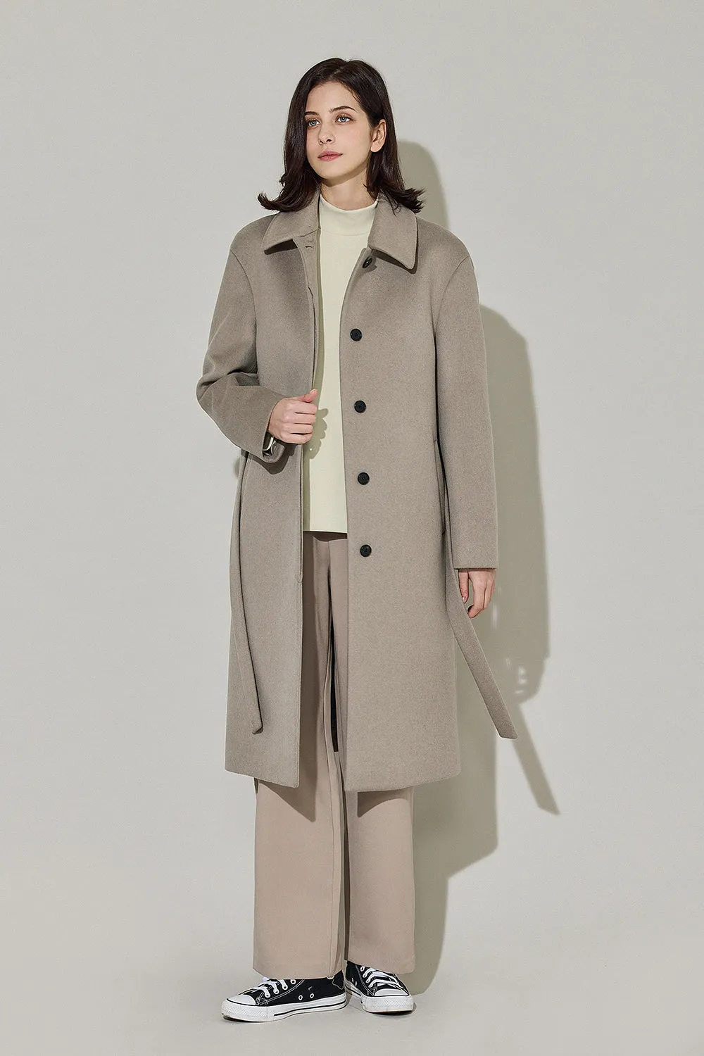 EDUARDO Women Belted Wool-Cashmere Single-Breasted Mac Balmacaan Long Coat.