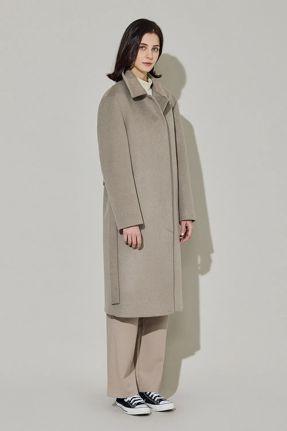 EDUARDO Women Belted Wool-Cashmere Single-Breasted Mac Balmacaan Long Coat.