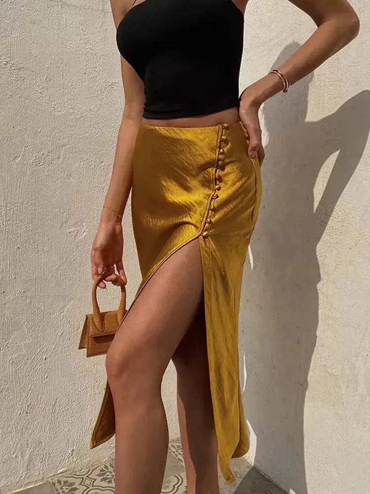 Elegant Button Up Midi Slit Satin Skirt