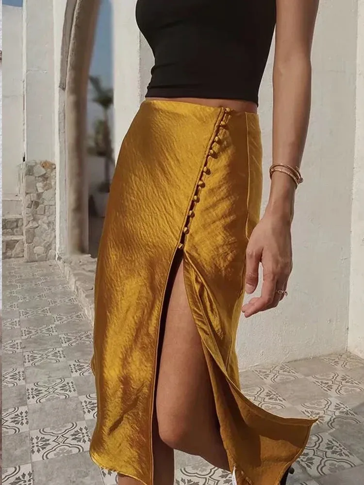 Elegant Button Up Midi Slit Satin Skirt