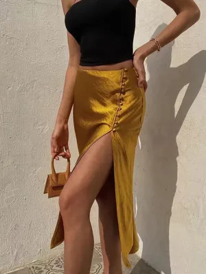 Elegant Button Up Midi Slit Satin Skirt