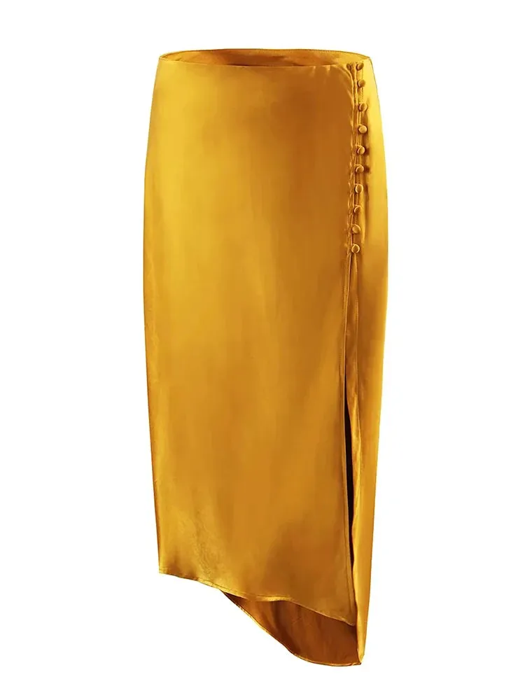 Elegant Button Up Midi Slit Satin Skirt