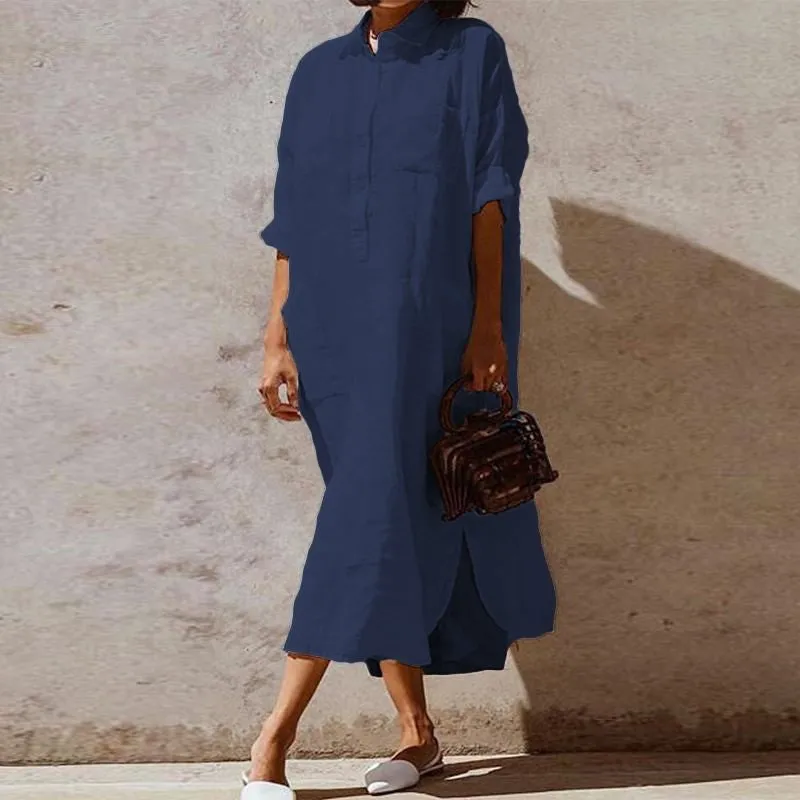 Elegant Solid Color Slit Dress Long Shirt Dress