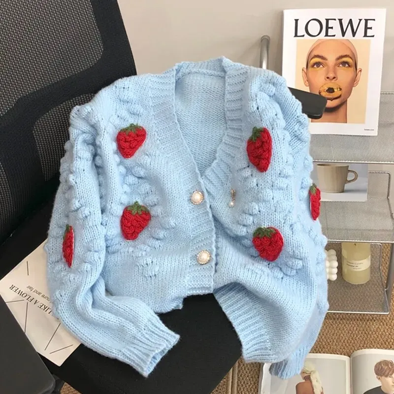 Fashion 3D Strawberry Women Cardigan Winter Elegant Pearl Button Casual V Neck Ladies Knitted Sweater Long Sleeve Coat