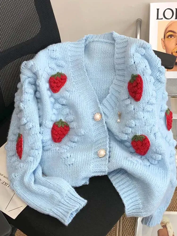 Fashion 3D Strawberry Women Cardigan Winter Elegant Pearl Button Casual V Neck Ladies Knitted Sweater Long Sleeve Coat