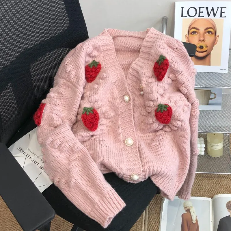 Fashion 3D Strawberry Women Cardigan Winter Elegant Pearl Button Casual V Neck Ladies Knitted Sweater Long Sleeve Coat