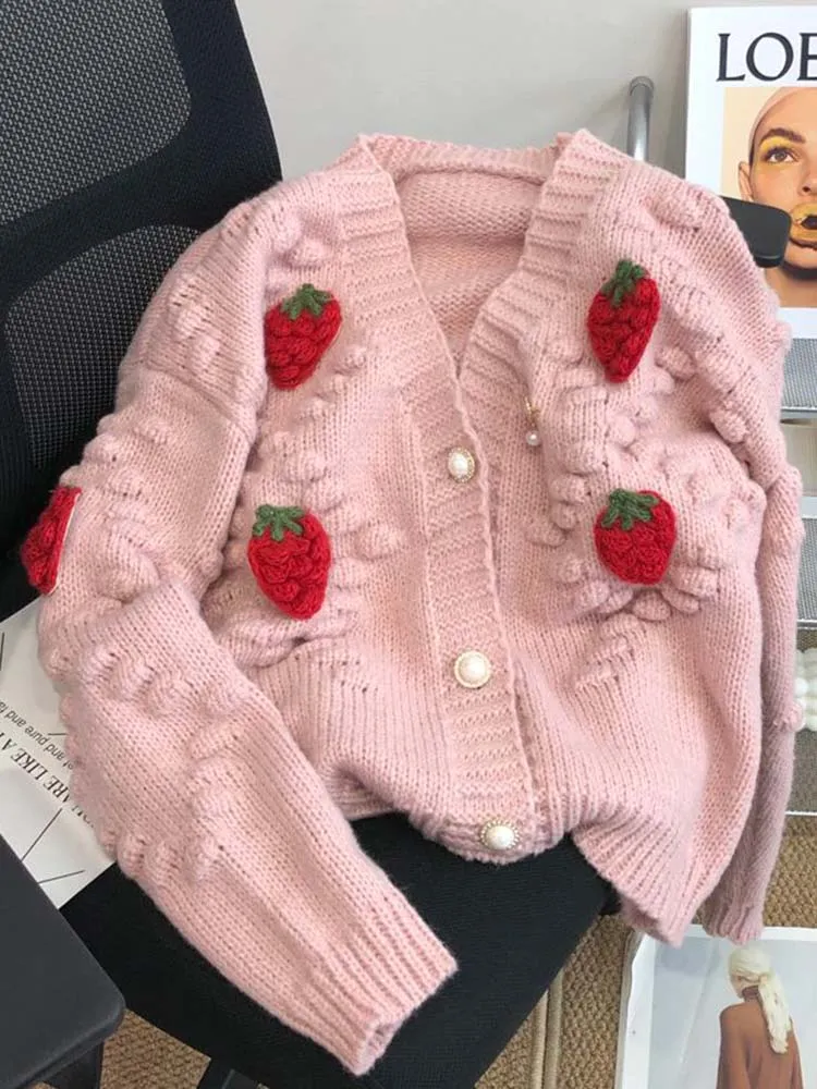 Fashion 3D Strawberry Women Cardigan Winter Elegant Pearl Button Casual V Neck Ladies Knitted Sweater Long Sleeve Coat