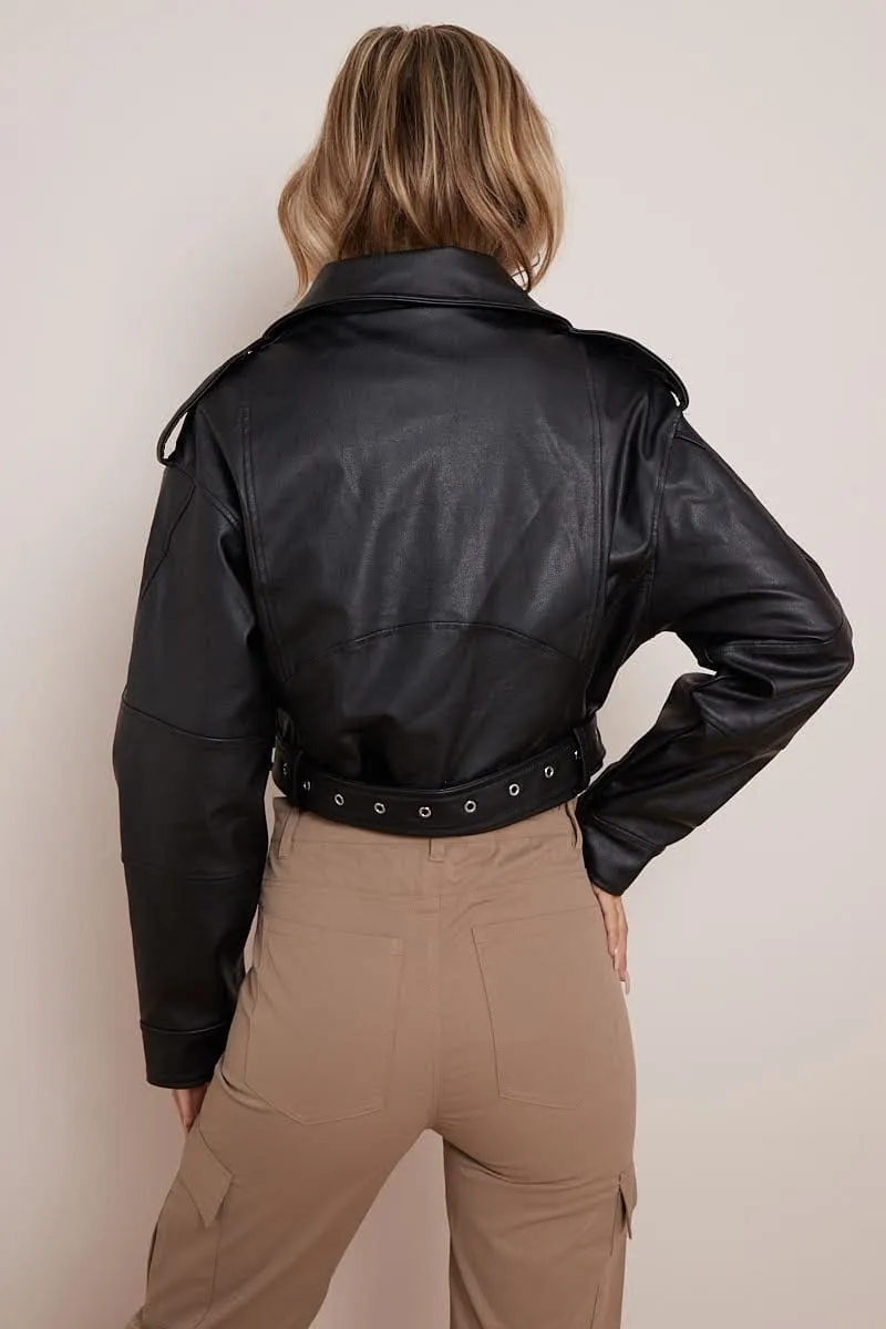 FAUX LEATHER BELTED ZIP UP BIKER JACKET