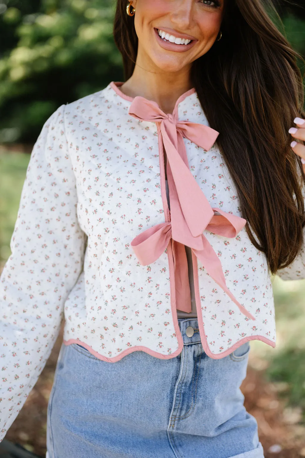 Floral Quilted Bow Jacket-Pink Floral