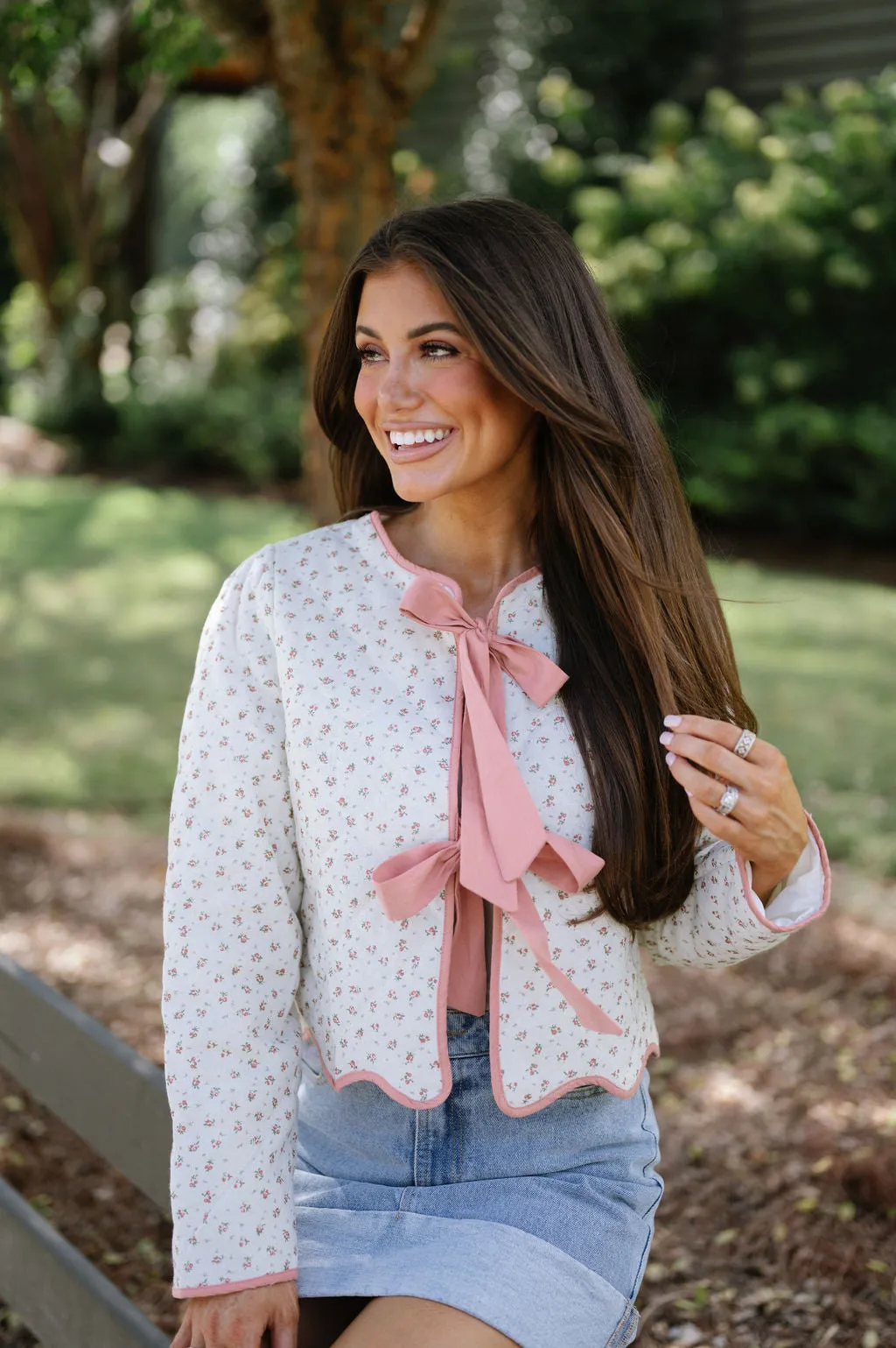 Floral Quilted Bow Jacket-Pink Floral