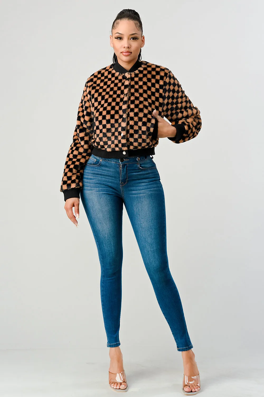 FUZZY FUR CHECKER BUTTON BOMBER JACKET