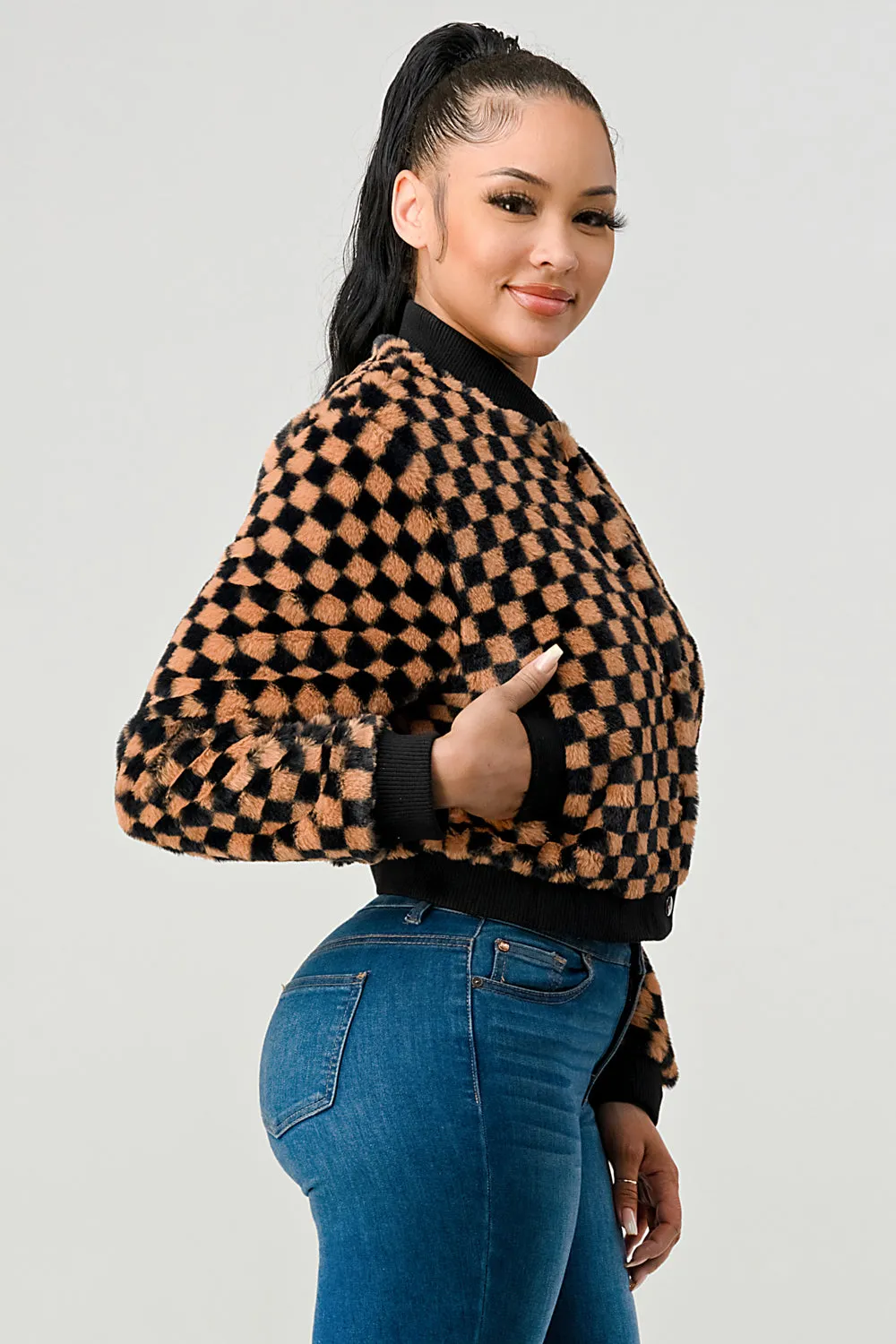 FUZZY FUR CHECKER BUTTON BOMBER JACKET