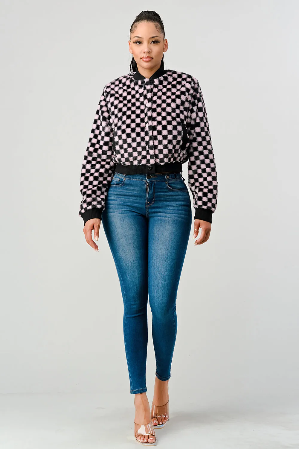 FUZZY FUR CHECKER BUTTON BOMBER JACKET