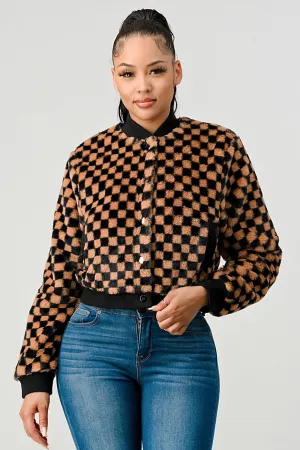 FUZZY FUR CHECKER BUTTON BOMBER JACKET