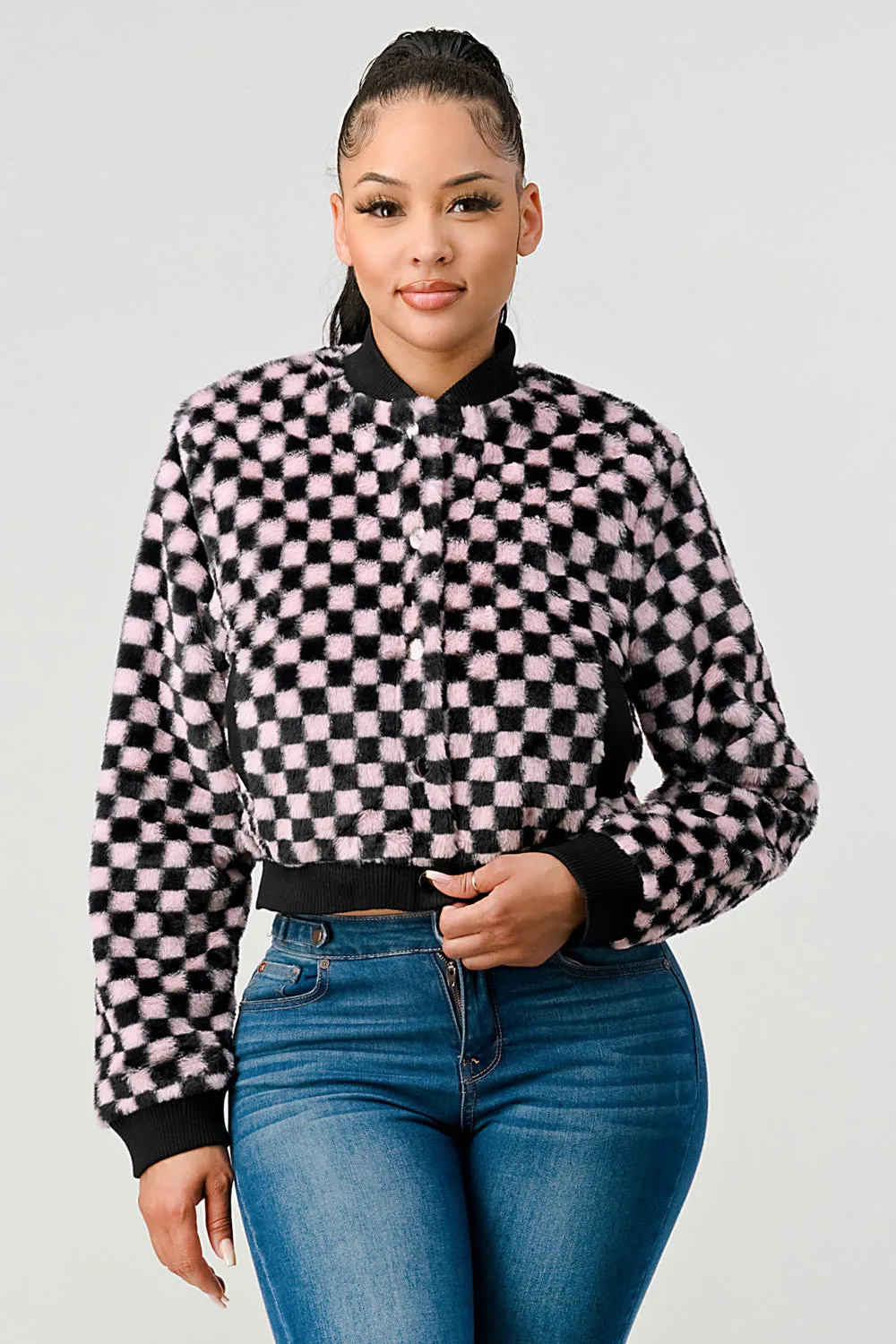 FUZZY FUR CHECKER BUTTON BOMBER JACKET