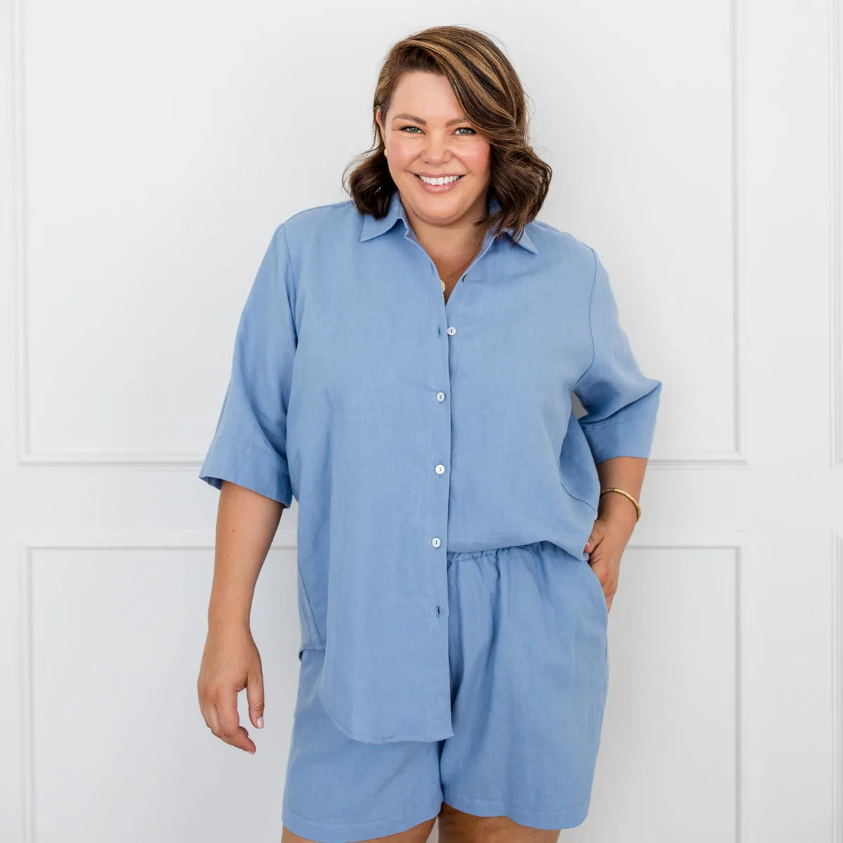 Grace cotton linen short-sleeve shirt - blue