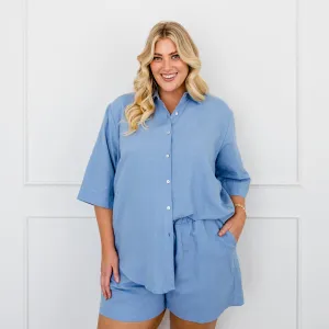 Grace cotton linen short-sleeve shirt - blue