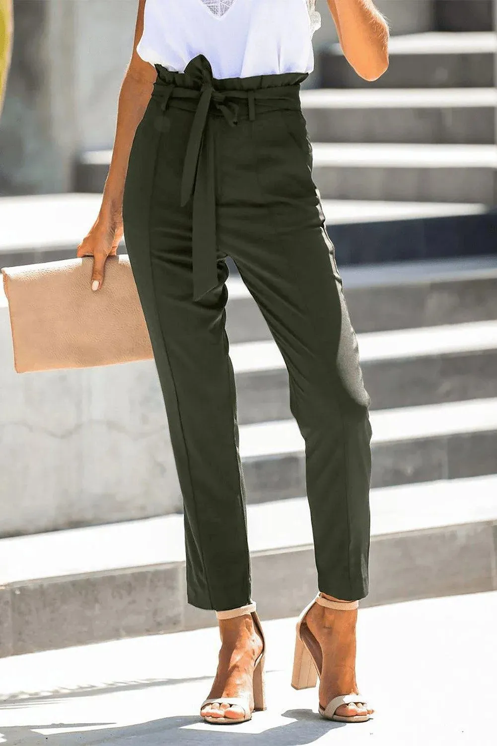 Green Casual Paperbag Waist Straight Leg Pants With Belt