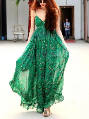 Green Chiffon Floral-Print Straps V Neck Bohemian Beach Maxi Dress