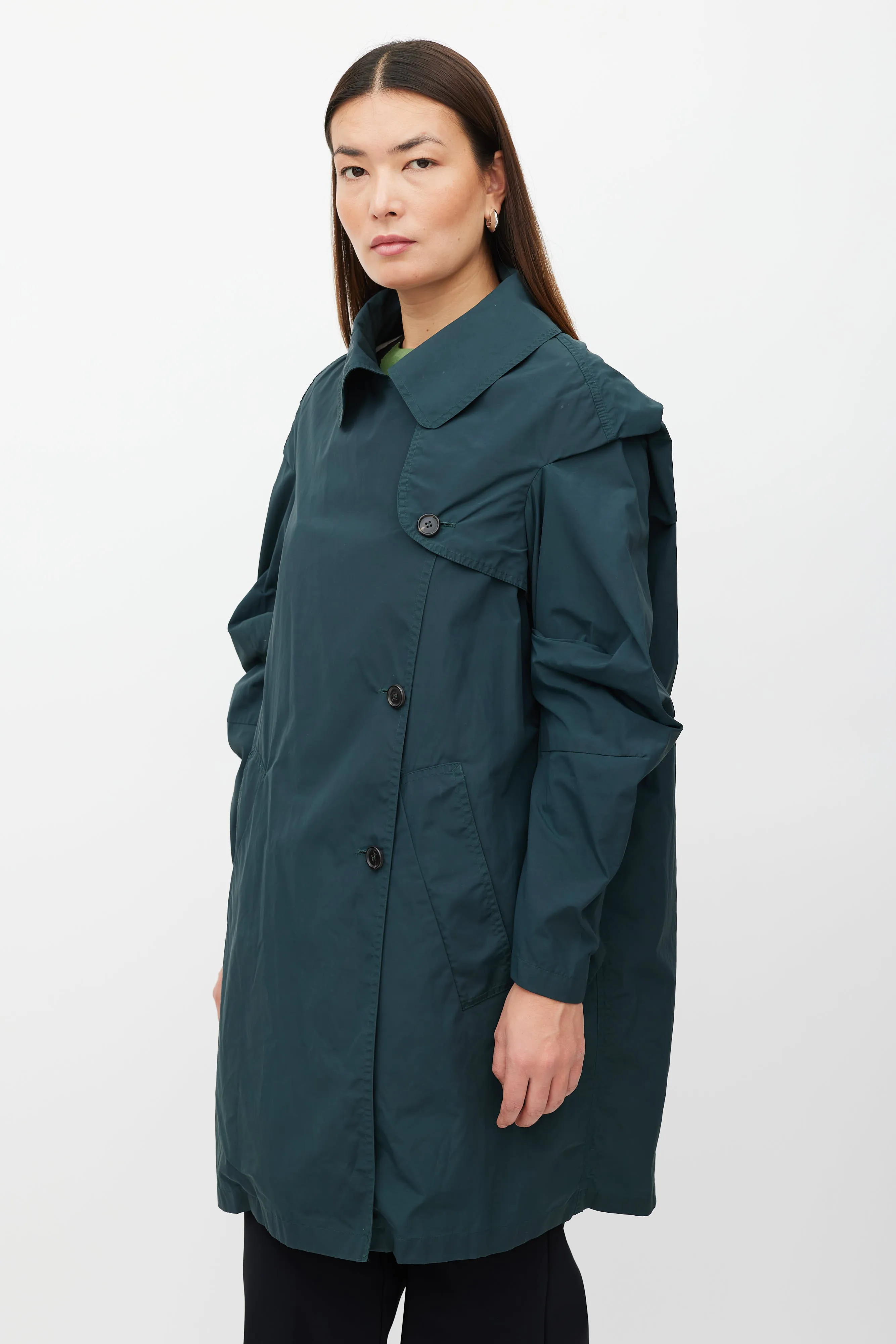 Green Nylon Blend Trench Coat