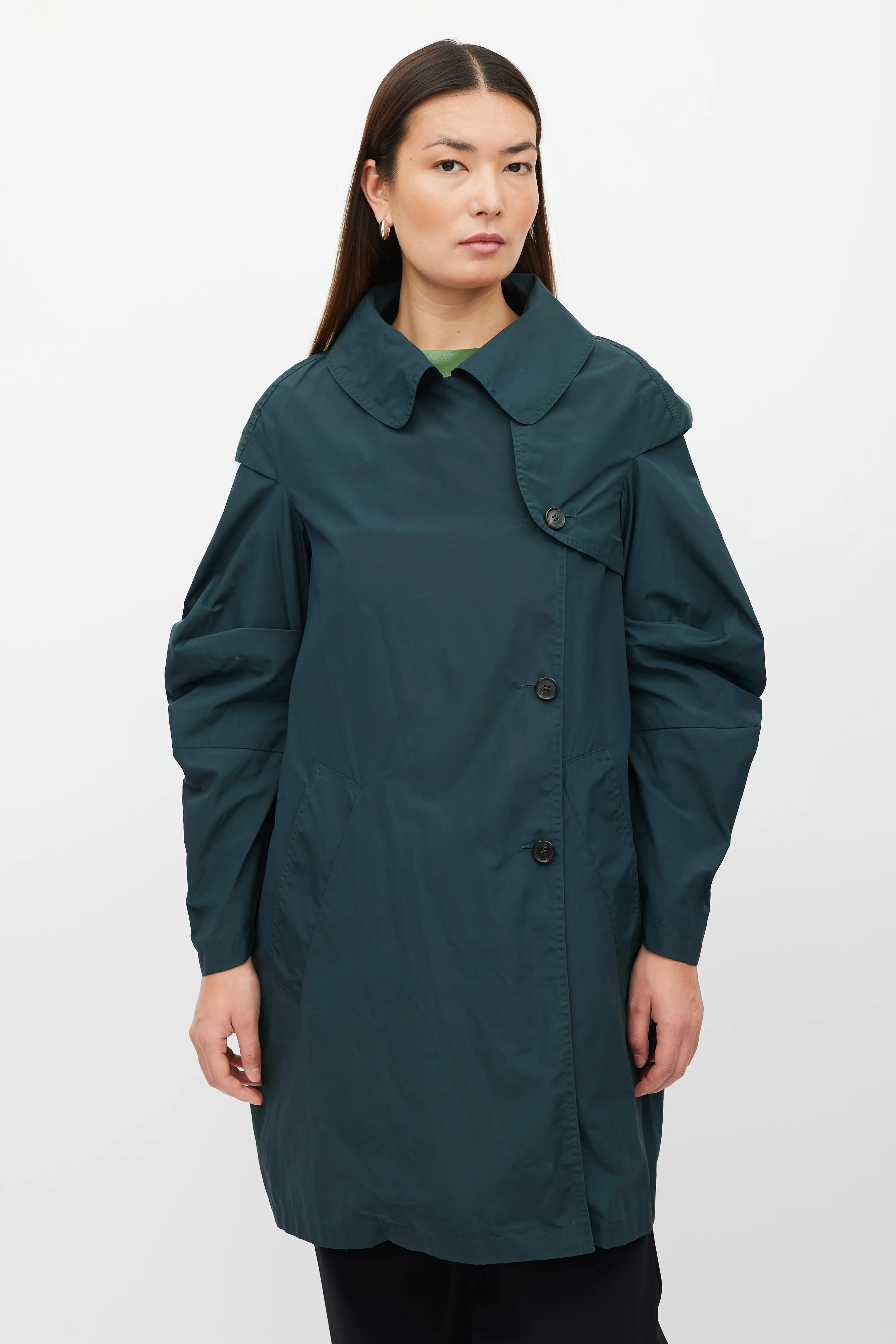 Green Nylon Blend Trench Coat