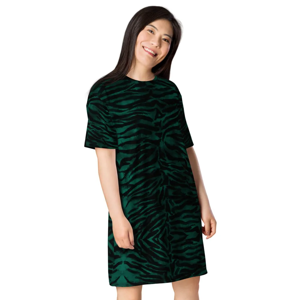 Green Tiger Striped Long Dress, Dark Green Animal Print Women's Short Sleeves Dress-Made in USA/EU