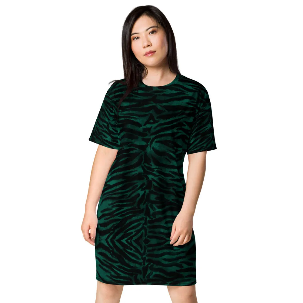 Green Tiger Striped Long Dress, Dark Green Animal Print Women's Short Sleeves Dress-Made in USA/EU