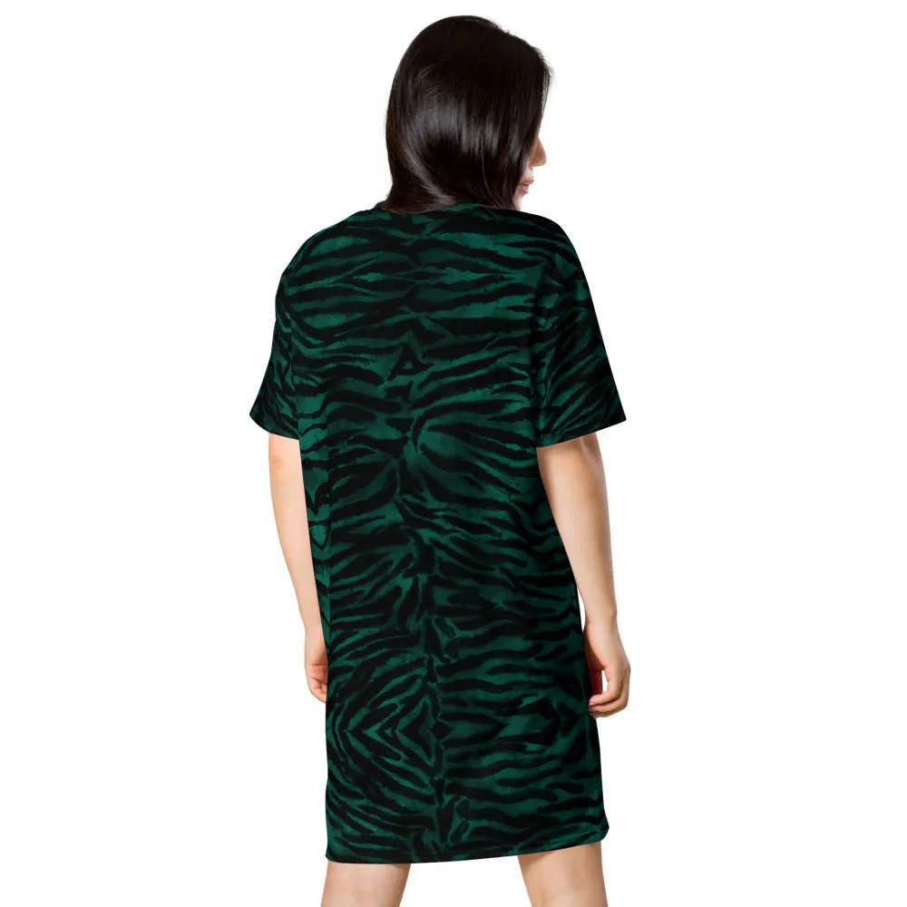 Green Tiger Striped Long Dress, Dark Green Animal Print Women's Short Sleeves Dress-Made in USA/EU