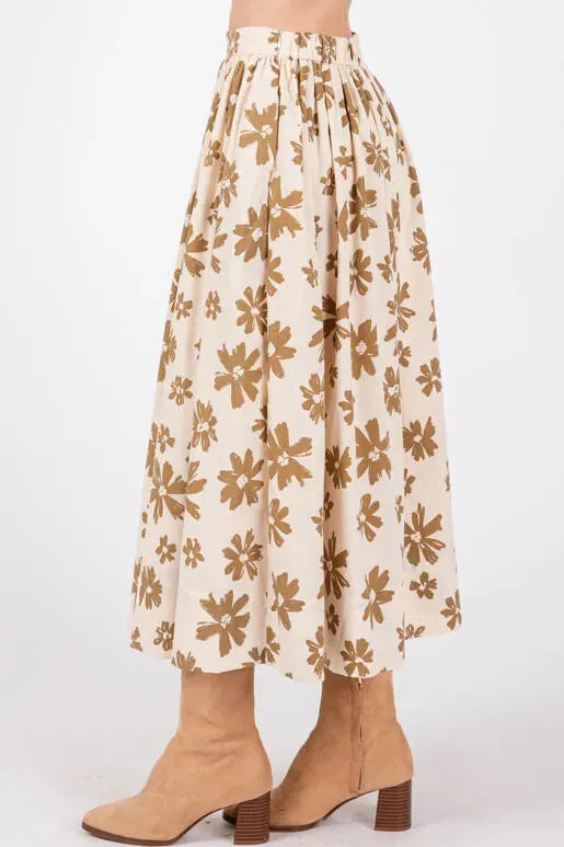 Groovy Petals Midi Floral Skirt in Baby Pink/Olive