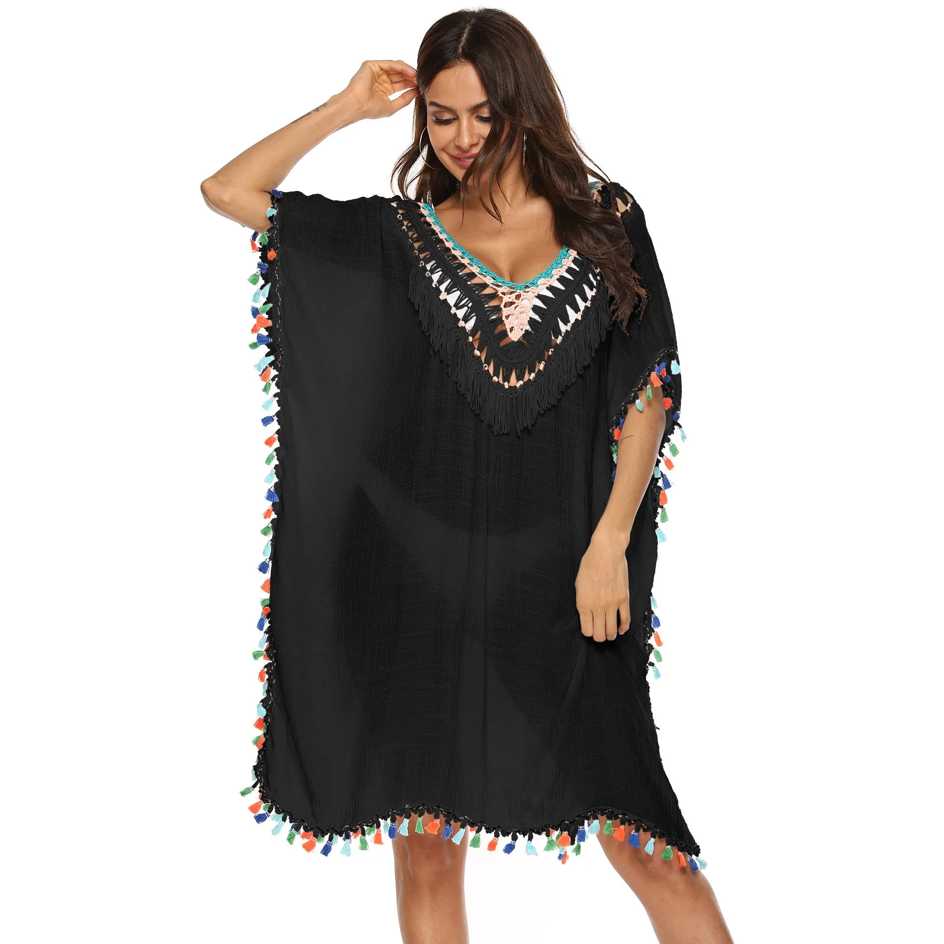 Irregular Hand Crocheting Stitching Multicolored Tassel Deep V Sexy Loose Beach Bikini Blouse Backless Dress Female A1160