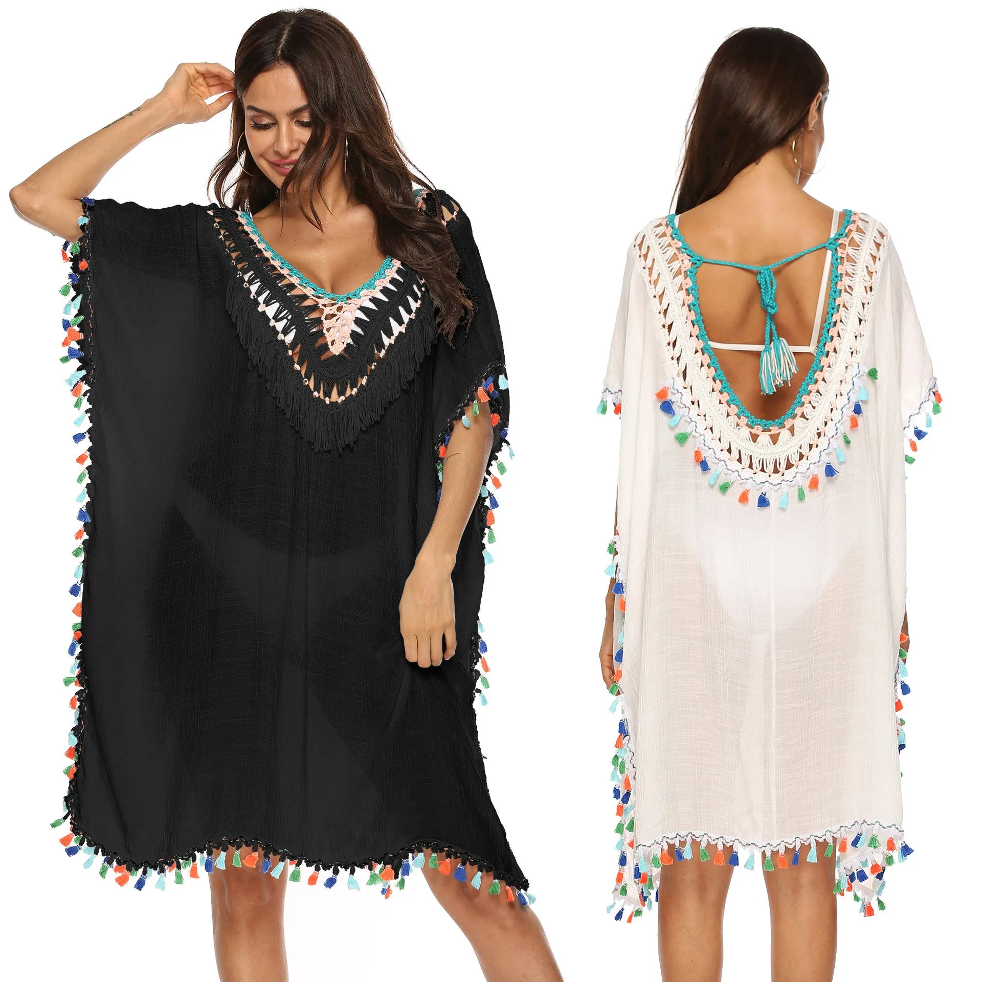 Irregular Hand Crocheting Stitching Multicolored Tassel Deep V Sexy Loose Beach Bikini Blouse Backless Dress Female A1160