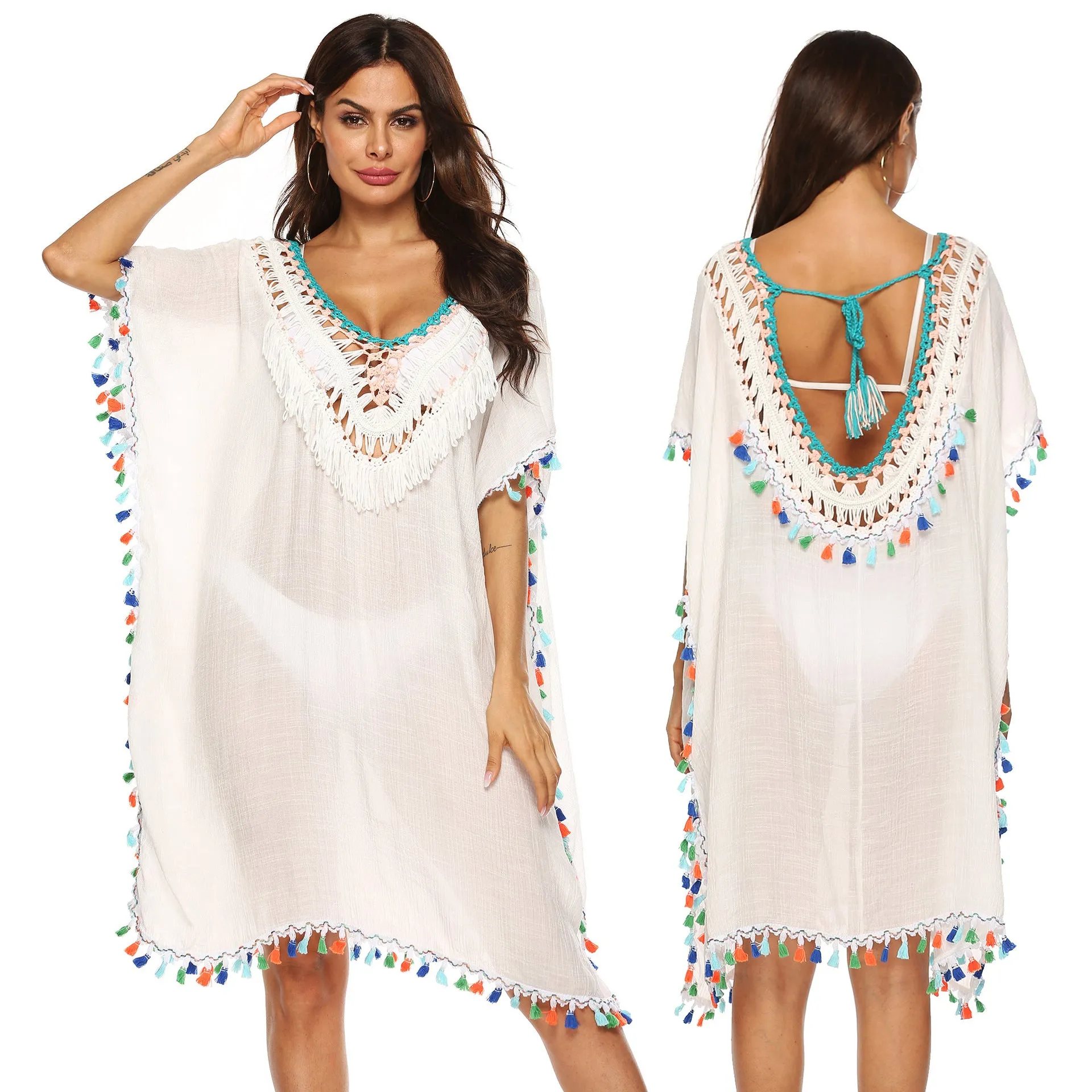 Irregular Hand Crocheting Stitching Multicolored Tassel Deep V Sexy Loose Beach Bikini Blouse Backless Dress Female A1160