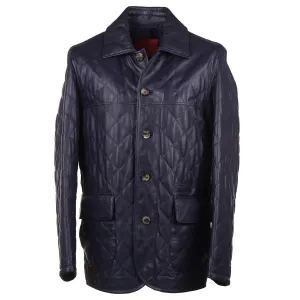 Isaia Diamond Quilted Leather Jacket in Navy